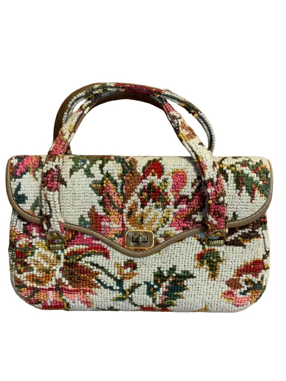 VINTAGE 1950'S SPILENE NEEDLEPOINT CARPET BAG IN ECRU W/PINK FLORAL PRINT